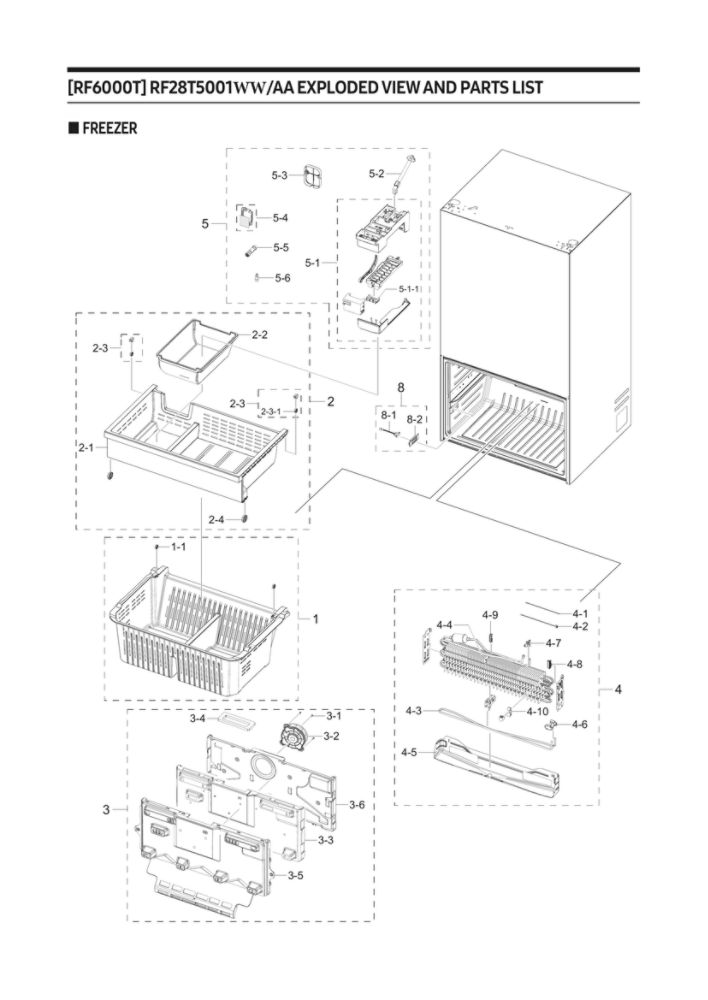 Freezer Parts Diagram and Parts List for RF28T5001WW AA-00 Samsung Refrigerator