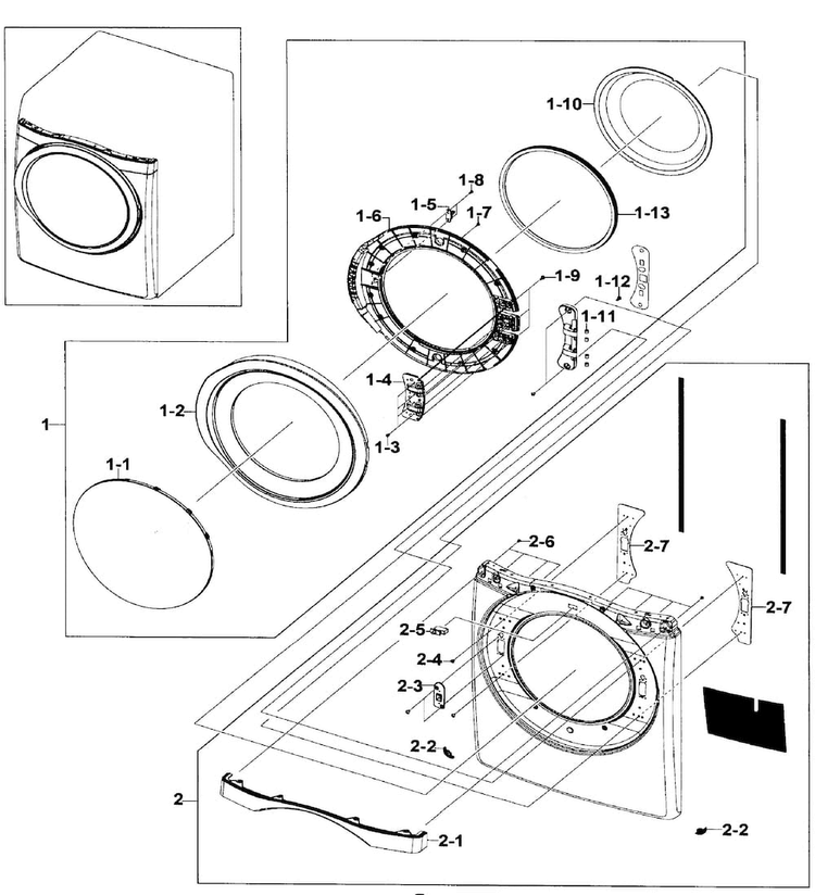 Front/door Assy Diagram and Parts List for DV520AGP XAA-0003 Samsung Dryer