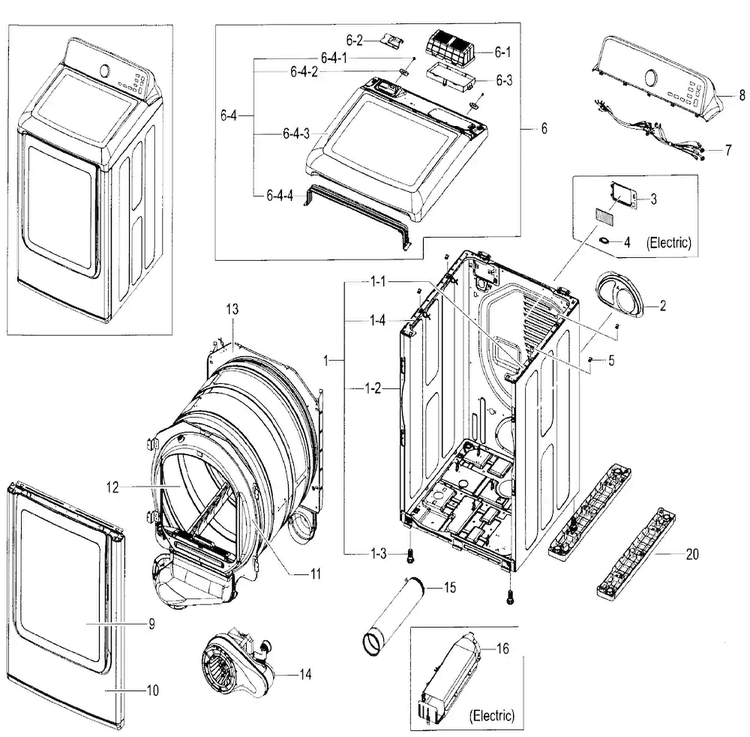 Main Body Diagram and Parts List for DV52J8700EP A2-0000 Samsung Dryer