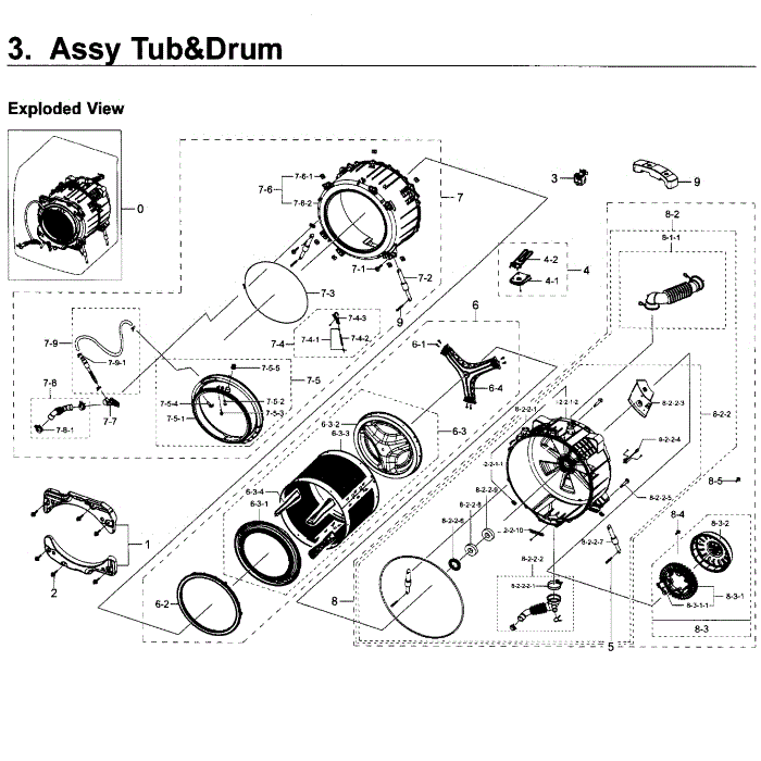 Tub And Drum Diagram and Parts List for WF50K7500AW A2-11 Samsung Washer