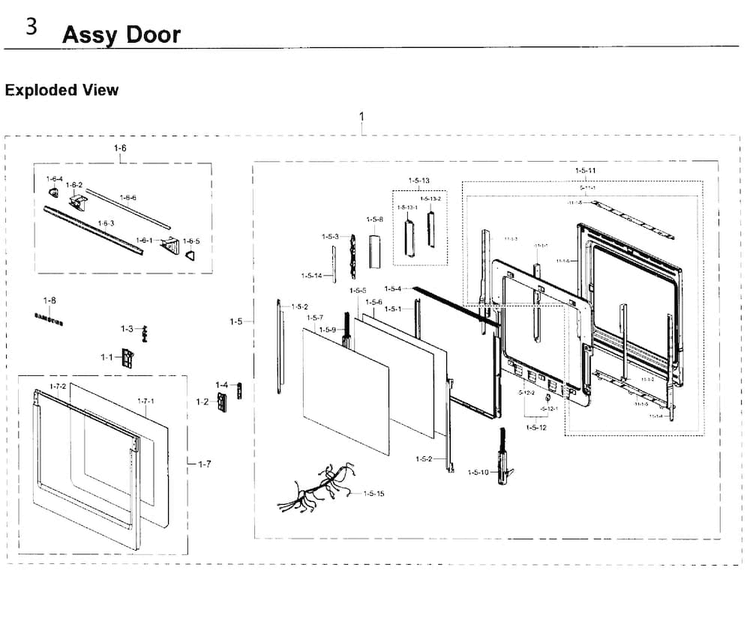 Door Diagram and Parts List for NV51K7770SG AA-0000 Samsung Wall Oven