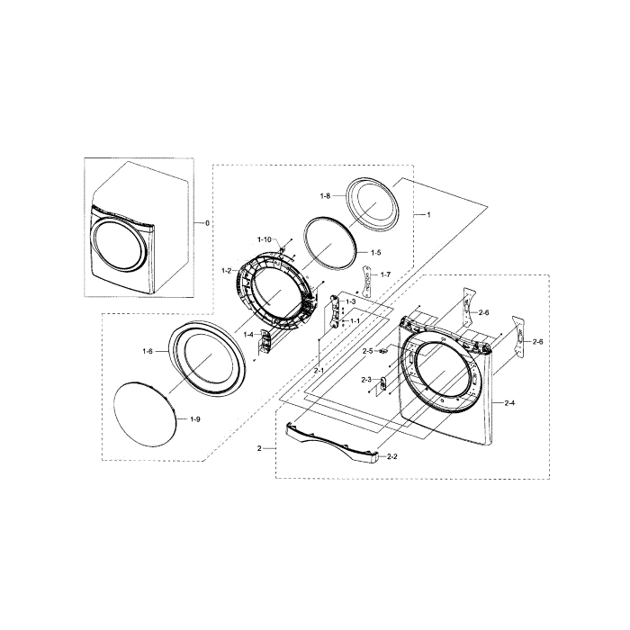 Frame Front And Door Diagram and Parts List for DV433ETGJWR A1-00 Samsung Dryer