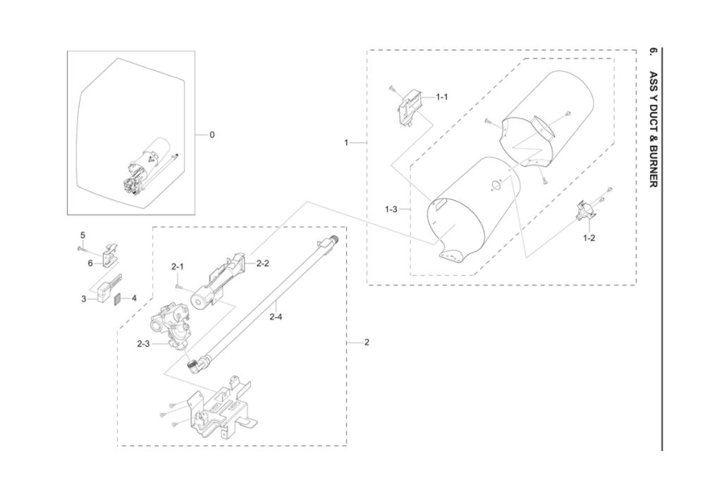Duct And Burner Assembly Diagram and Parts List for DVG45A6400W A3-00 Samsung Dryer