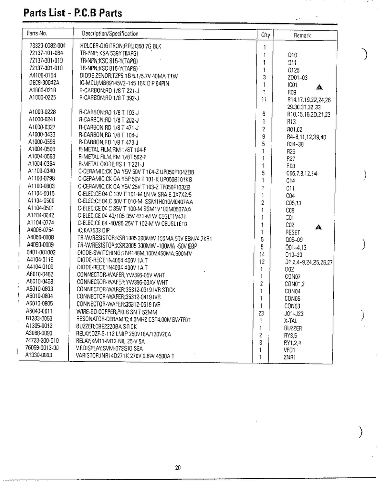 P.c.b. Parts List Diagram and Parts List for MC6566W XAA Samsung Microwave