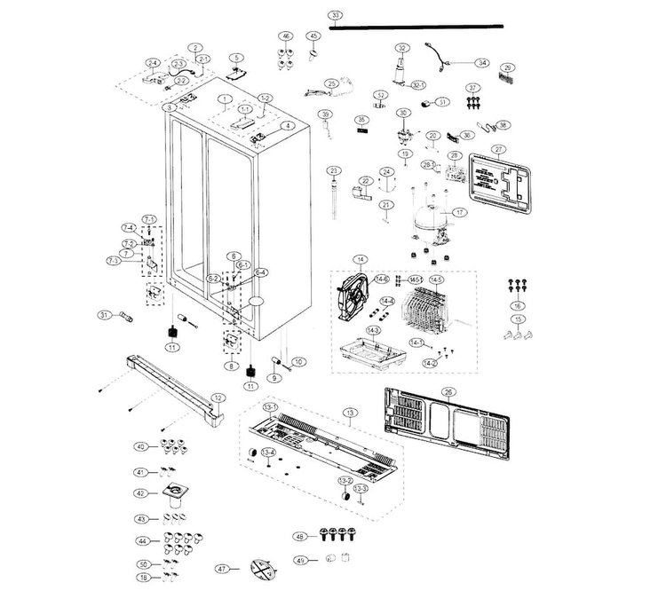 Cabinet Diagram and Parts List for RS25J500DBC AA-0000 Samsung Refrigerator