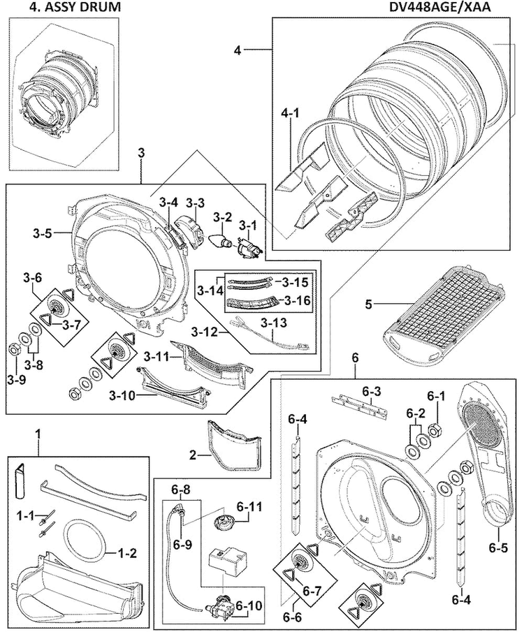 Drum Assy Diagram and Parts List for DV448AGE XAA-0000 Samsung Dryer