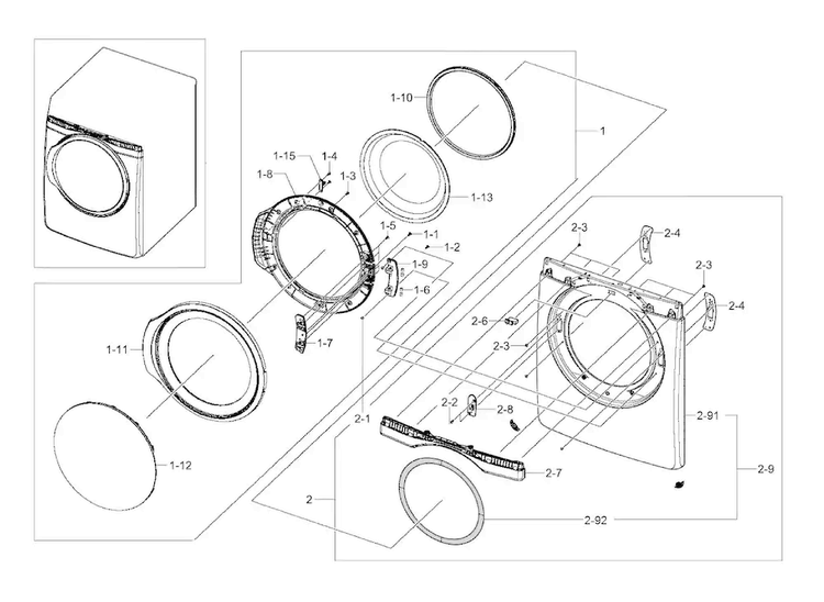 Frame Front & Door Diagram and Parts List for DV405GTPAWR AA-0002 Samsung Dryer