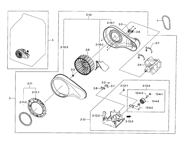 Motor Duct Diagram and Parts List for DV45H7200GW A2-0000 Samsung Dryer
