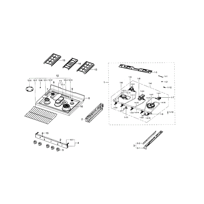 Cooktop Diagram and Parts List for NX58J7750SS AA-00 Samsung Range