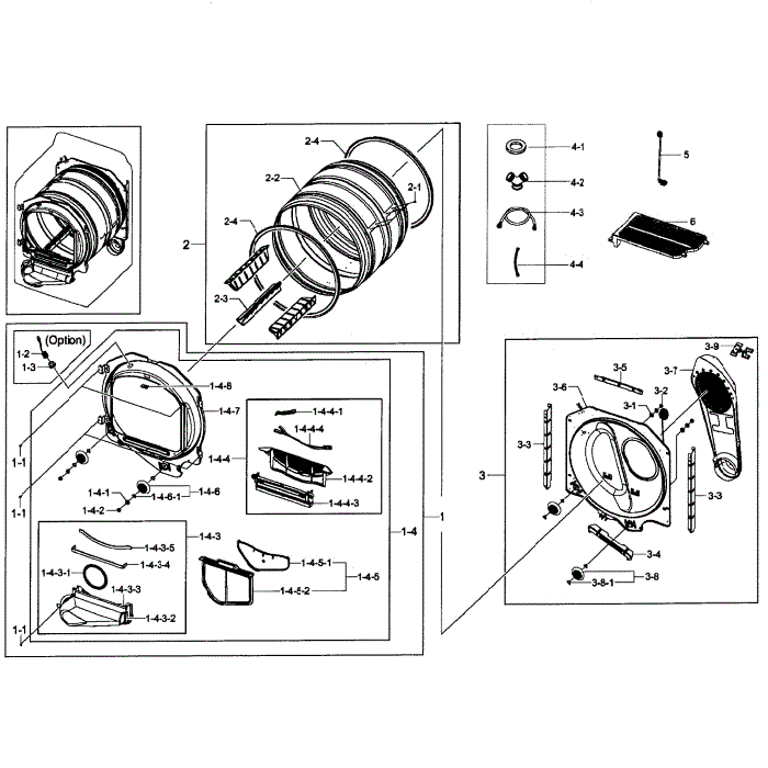 Drum Assembly Diagram and Parts List for DV50F9A8EVP A2-01 Samsung Dryer