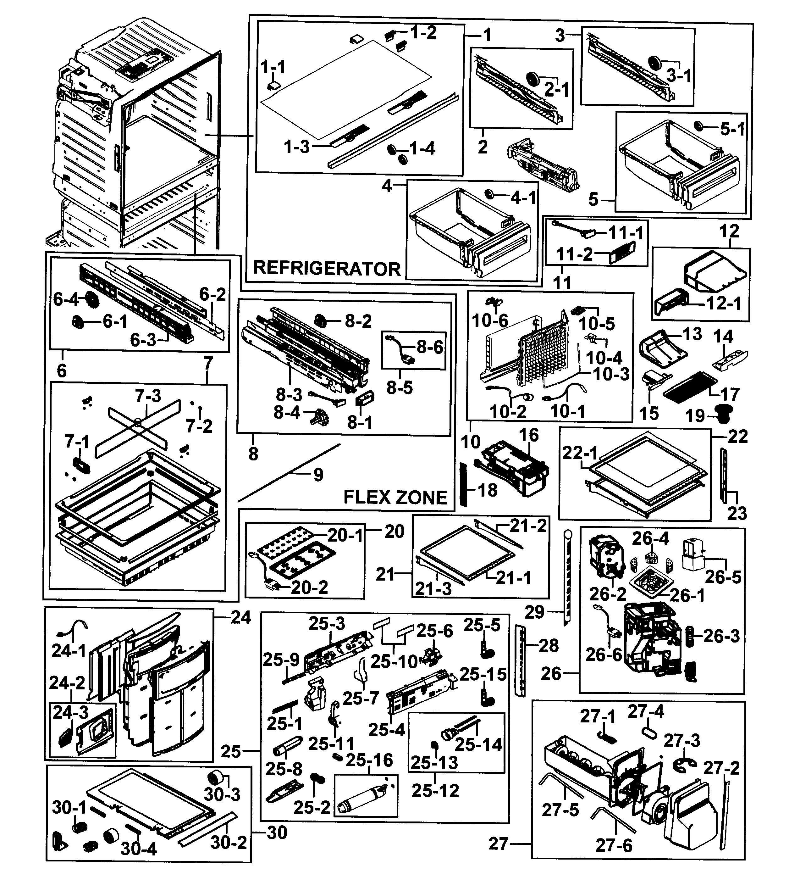 Refrigerator Diagram and Parts List for RF25HMEDBBC AA-0000 Samsung Refrigerator