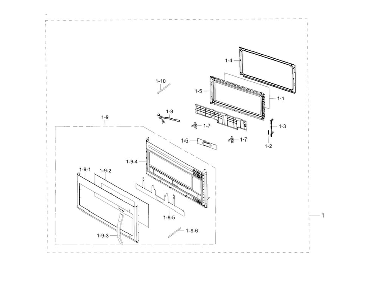 Door Diagram and Parts List for ME21H9900AS AA-0001 Samsung Microwave