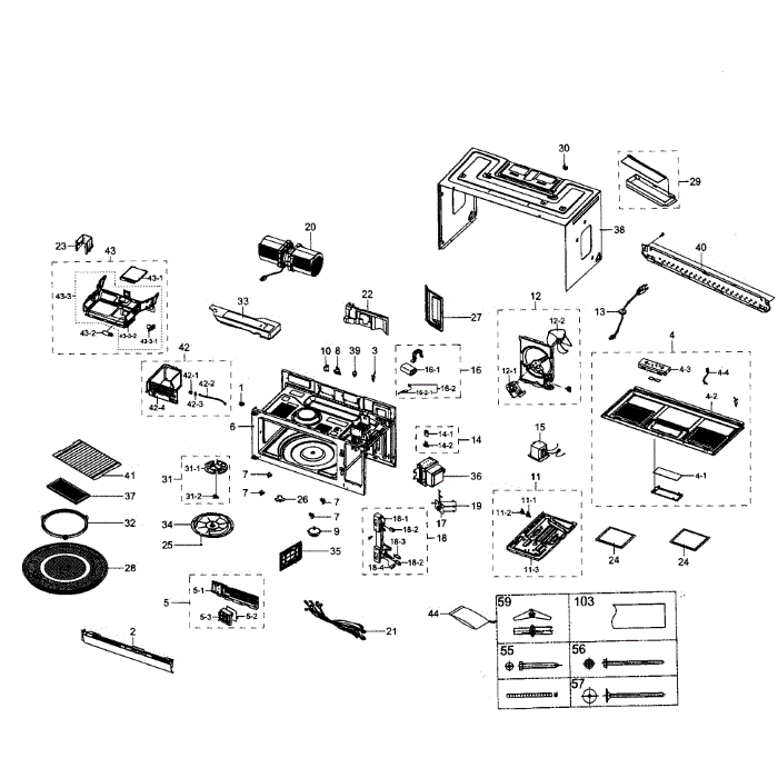 Main Assembly Diagram and Parts List for SMH1926S XAA-00 Samsung Microwave