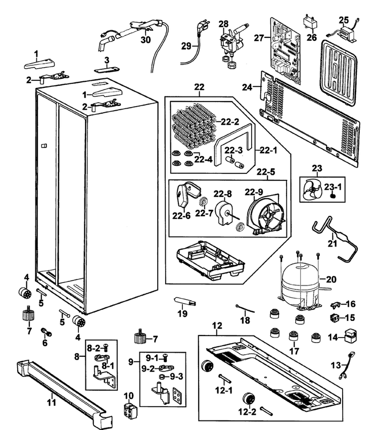 Cabinet Diagram and Parts List for RS2630SW XAA-0000 Samsung Refrigerator