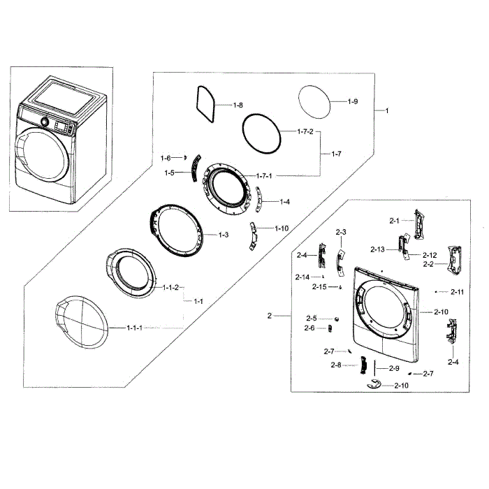 Frame Front And Door Diagram and Parts List for DV56H9100GG A2-00 Samsung Dryer