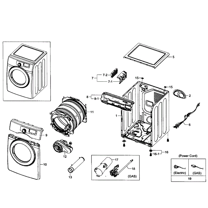 Main Assembly Diagram and Parts List for DV361GWBEWR A3-01 Samsung Dryer