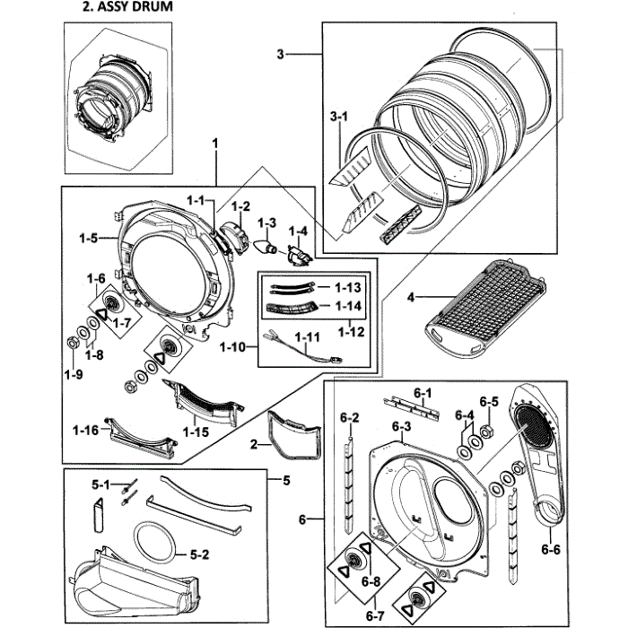 Drum Assembly Diagram and Parts List for DV328AGW XAA-00 Samsung Dryer