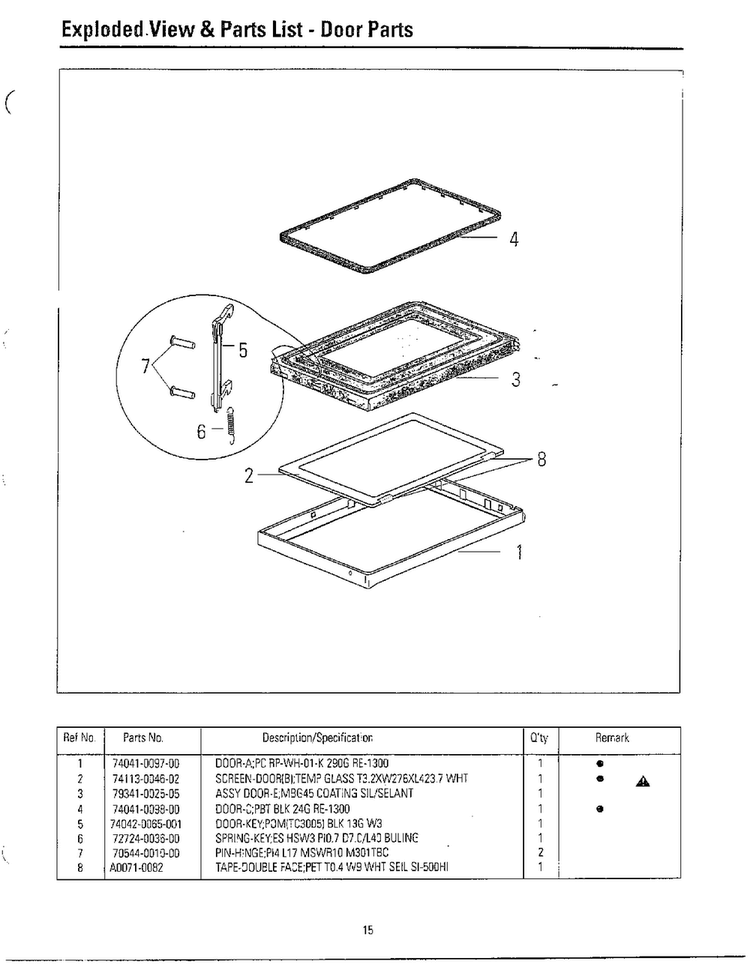 Door Diagram and Parts List for MC6566W XAA Samsung Microwave