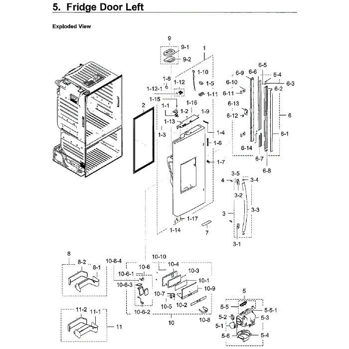 Fridge Left Door Diagram and Parts List for RF28HFEDBWW AA-08 Samsung Refrigerator