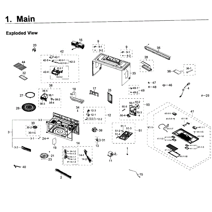 Main Assembly Diagram and Parts List for ME21F707MJT AA-02 Samsung Microwave Oven Combo