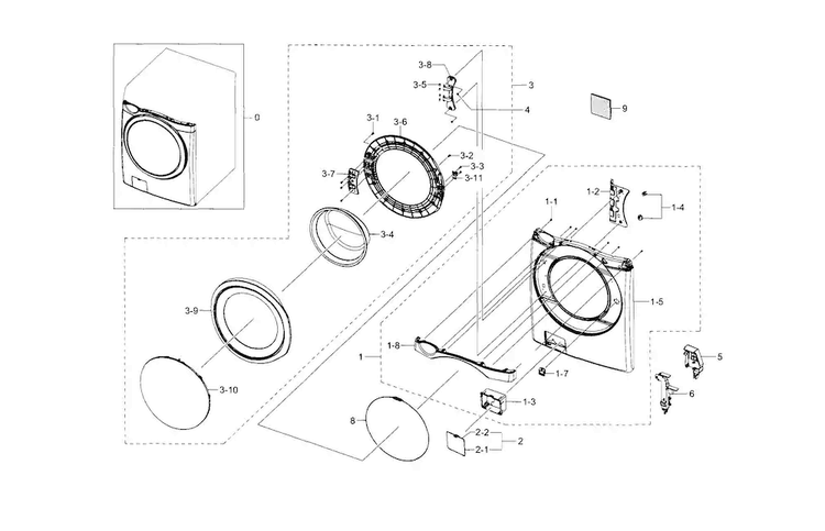 Frame Front & Door Diagram and Parts List for WF433BTGJWR A1-0000 Samsung Washer