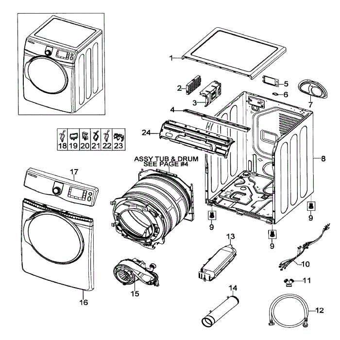 Main Assembly Diagram and Parts List for DV419AEU XAA-01 Samsung Dryer