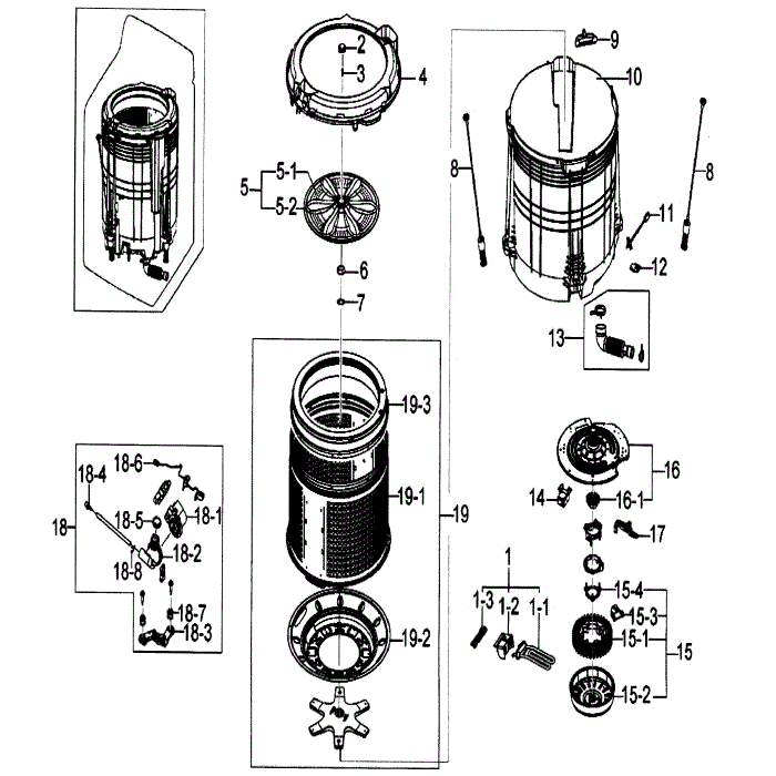 Tub Assembly Diagram and Parts List for WA5471ABP XAA-00 Samsung Washer