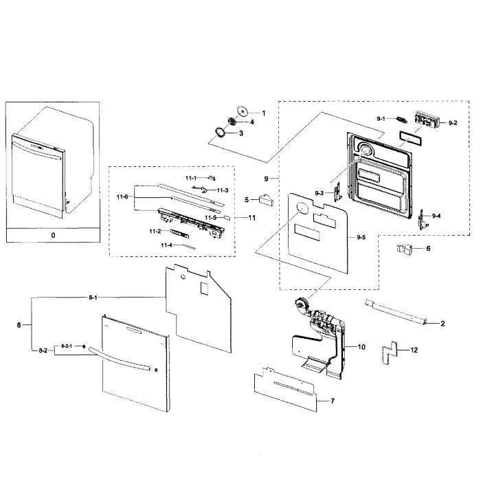 Door Assembly Diagram and Parts List for DW80H9950US AA-00 Samsung Dishwasher