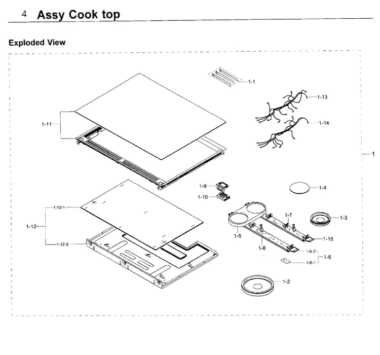 Cooktop Diagram and Parts List for NE58K9850WS AA-0000 Samsung Range