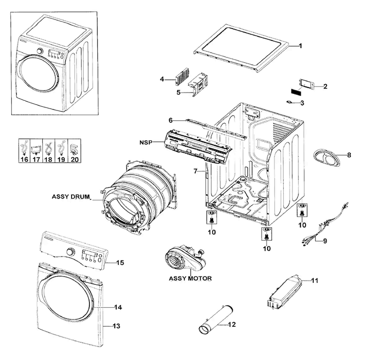 Main Assy Diagram and Parts List for DV330AEB XAA-0003 Samsung Dryer