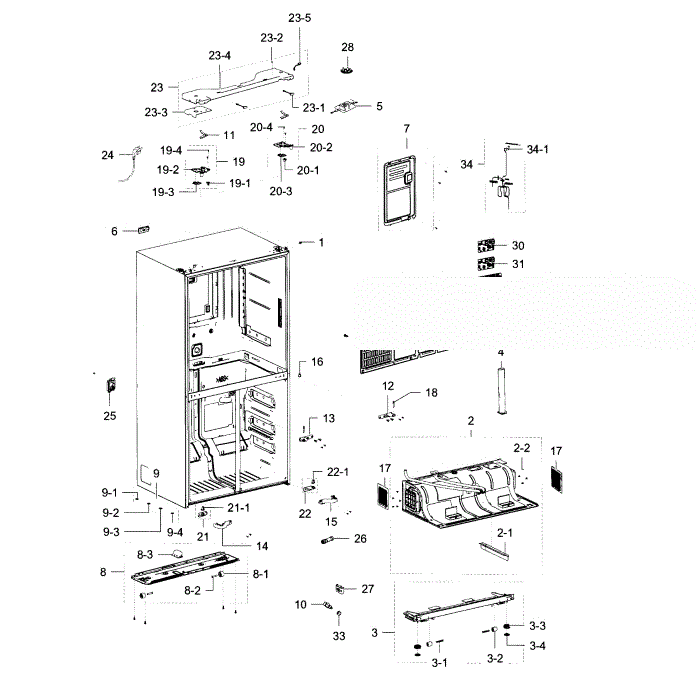 Cabinet Diagram and Parts List for RF23J9011SR AA-02 Samsung Refrigerator