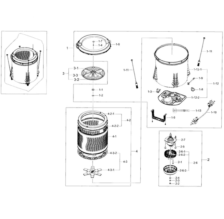 Tub Diagram and Parts List for WA45H7200AW A2-0002 Samsung Washer