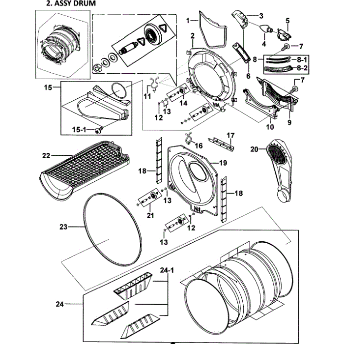 Drum Assembly Diagram and Parts List for DV337AEL XAA-00 Samsung Dryer