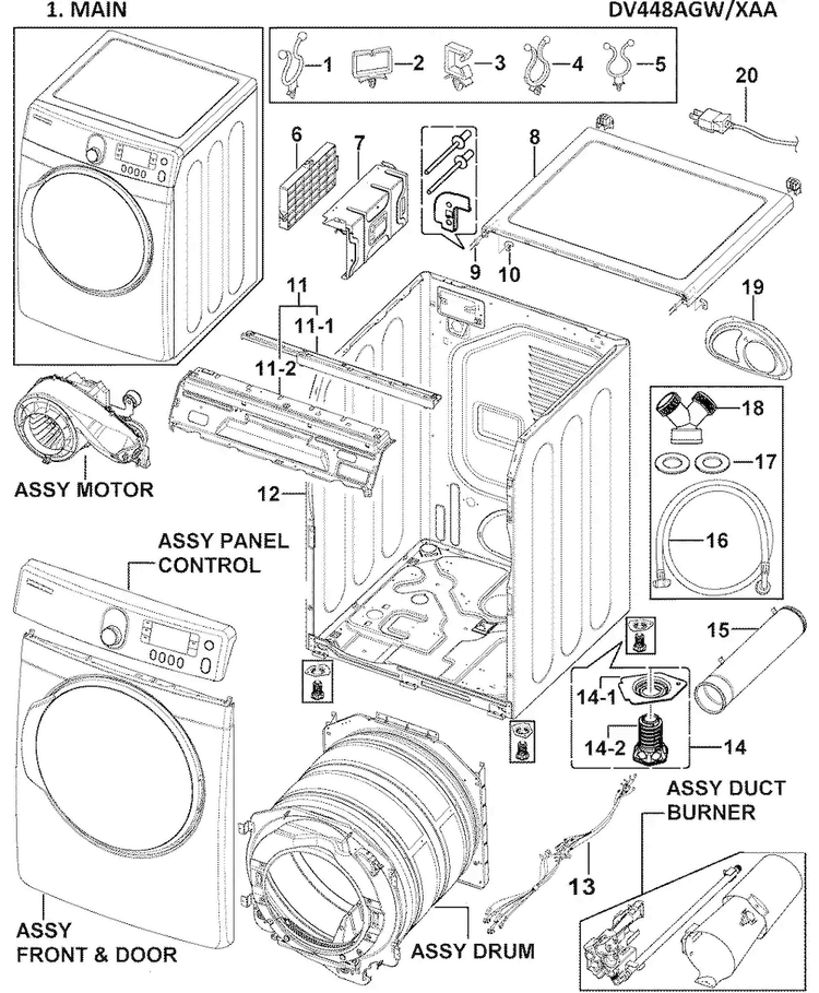 Main Assy Diagram and Parts List for DV448AGW XAA-0000 Samsung Dryer