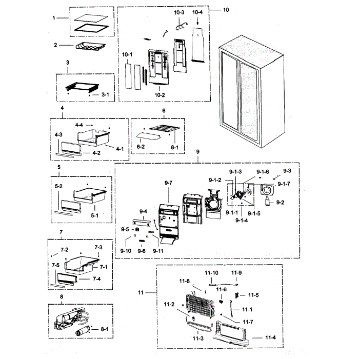 Cabinet 1 Diagram and Parts List for RSG307AABP XAA-01 Samsung Refrigerator