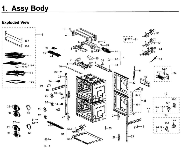 Body Diagram and Parts List for NV51K7770DS AA-0000 Samsung Wall Oven
