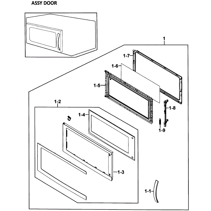 Door Assembly Diagram and Parts List for SMH8165ST XAA-00 Samsung Microwave