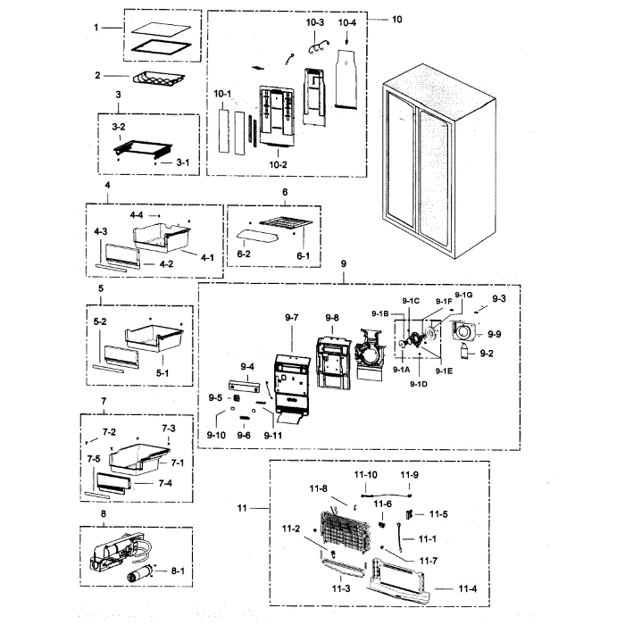 Cabinet 1 Diagram and Parts List for RSG307AAWP XAA-00 Samsung Refrigerator
