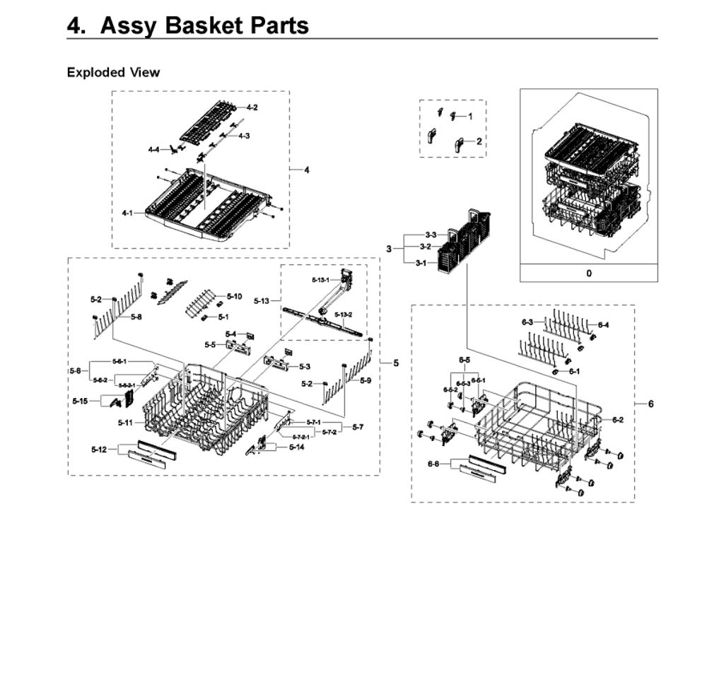 Basket Parts Assembly Diagram and Parts List for DW80R9950US AA-00 Samsung Dishwasher