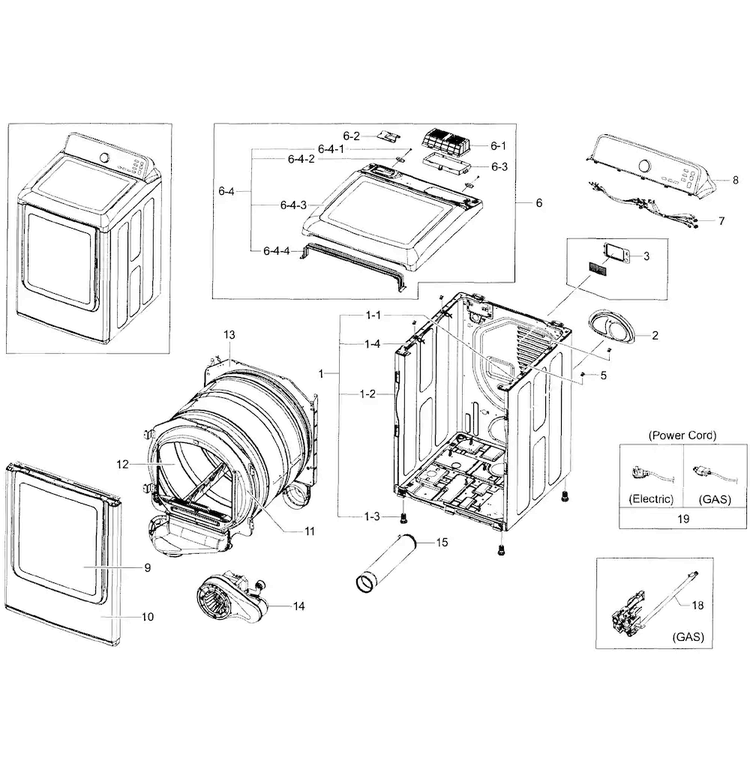 Main Assy Diagram and Parts List for DV400GWHDWR AA-0001 Samsung Dryer
