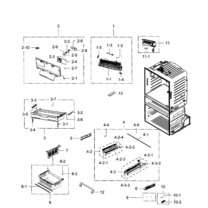 Freezer Diagram and Parts List for RF28HMEDBSR AA-11 Samsung Refrigerator