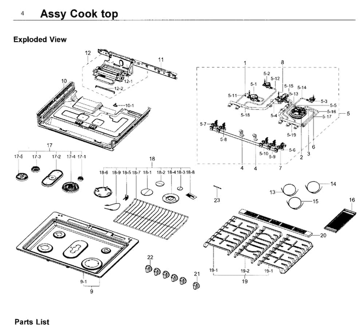 Cooktop Diagram and Parts List for NX58K9850SG AA-0000 Samsung Range