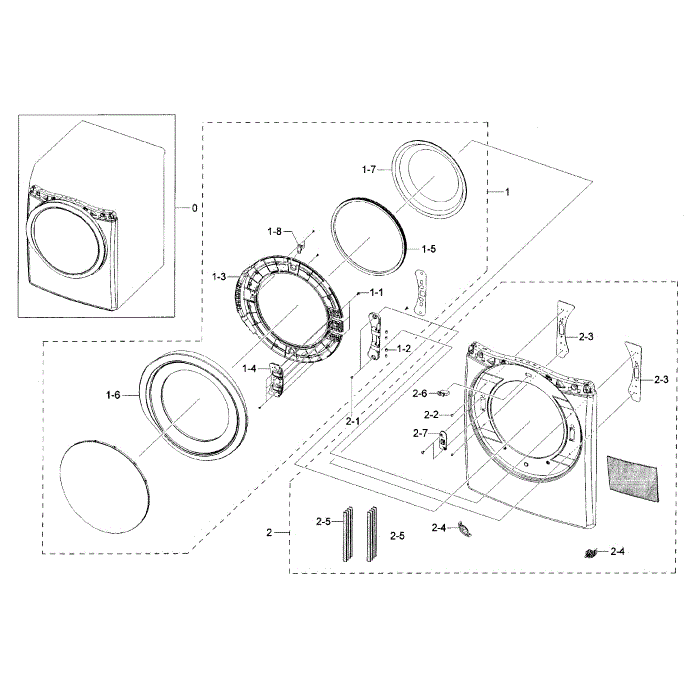 Frame Front And Door Diagram and Parts List for DV42H5200EW A3-00 Samsung Dryer