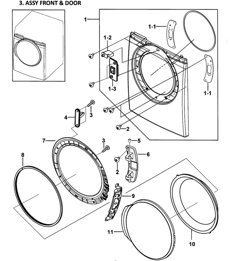 Front Assy Diagram and Parts List for DV337AEL XAA-0000 Samsung Dryer
