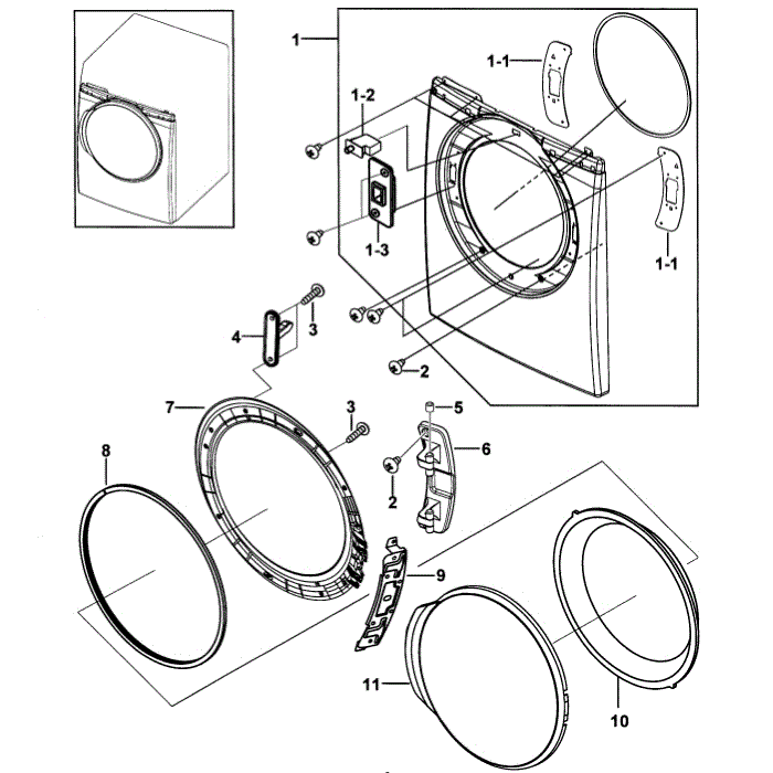 Front Assembly Diagram and Parts List for DV337AGG XAA-00 Samsung Dryer