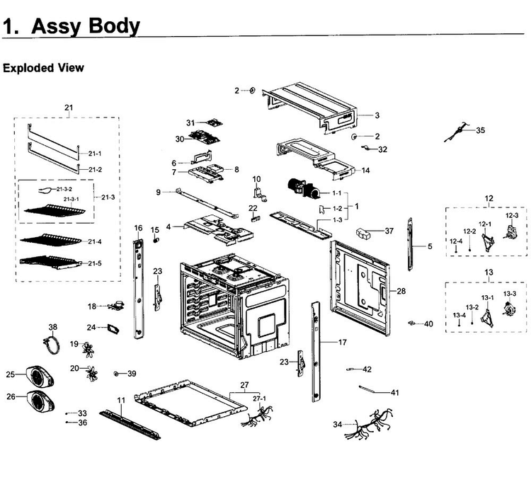 Body Diagram and Parts List for NV51K6650SS AA-0000 Samsung Wall Oven