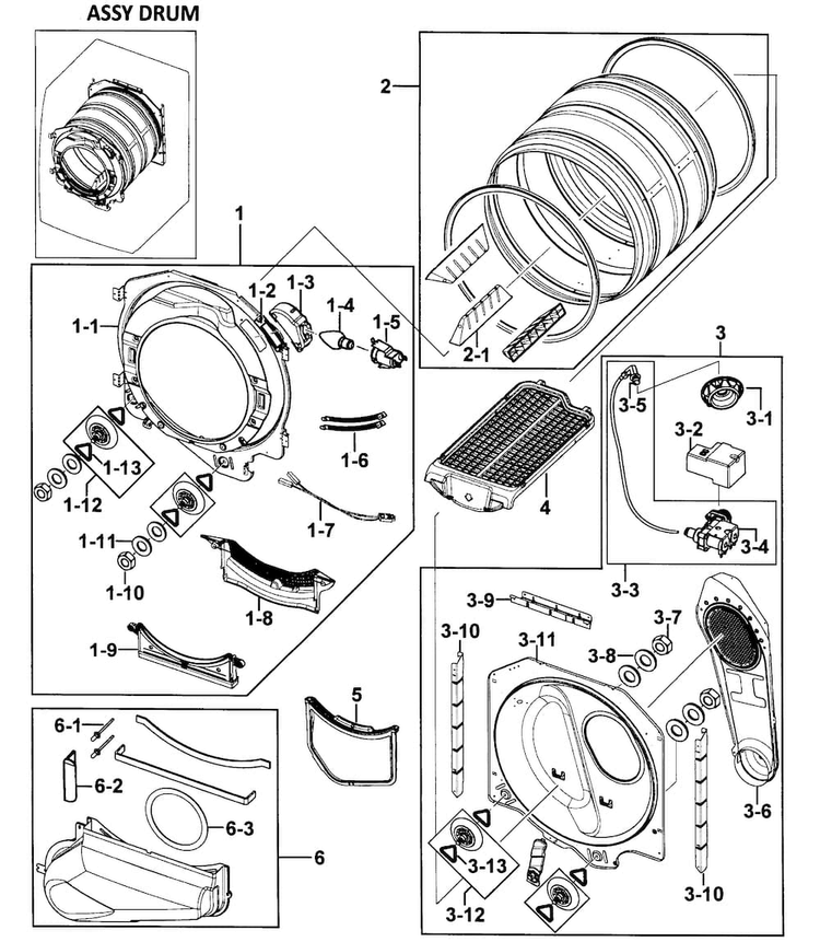 Drum Assy Diagram and Parts List for DV350AGR XAA-0000 Samsung Dryer