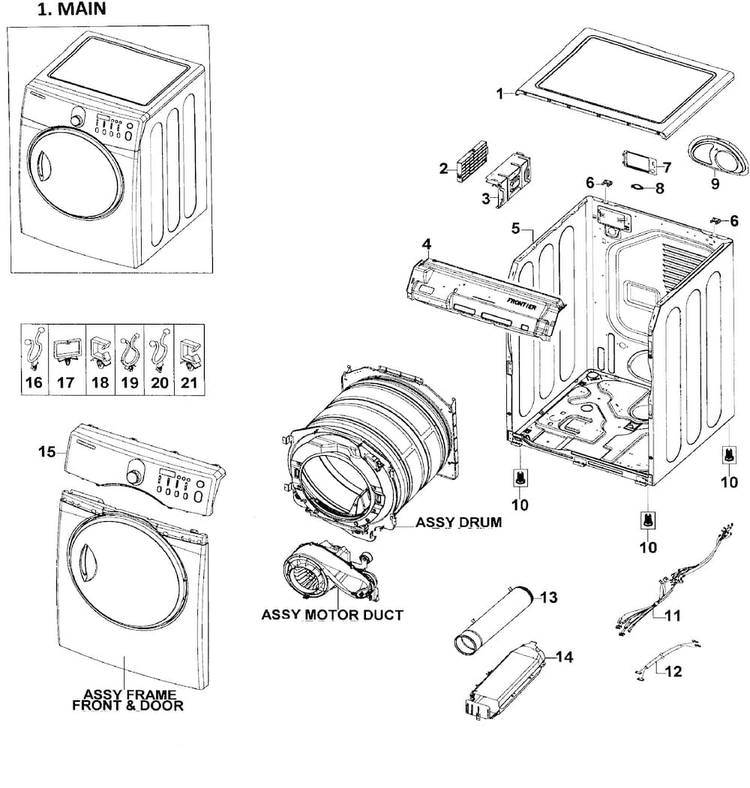 Main Assy Diagram and Parts List for DV209AEW XAA-0001 Samsung Dryer