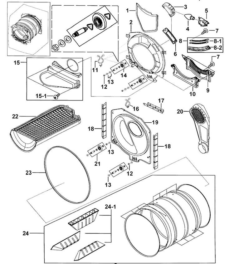 Drum Assy Diagram and Parts List for DV337AEG XAA-0000 Samsung Dryer