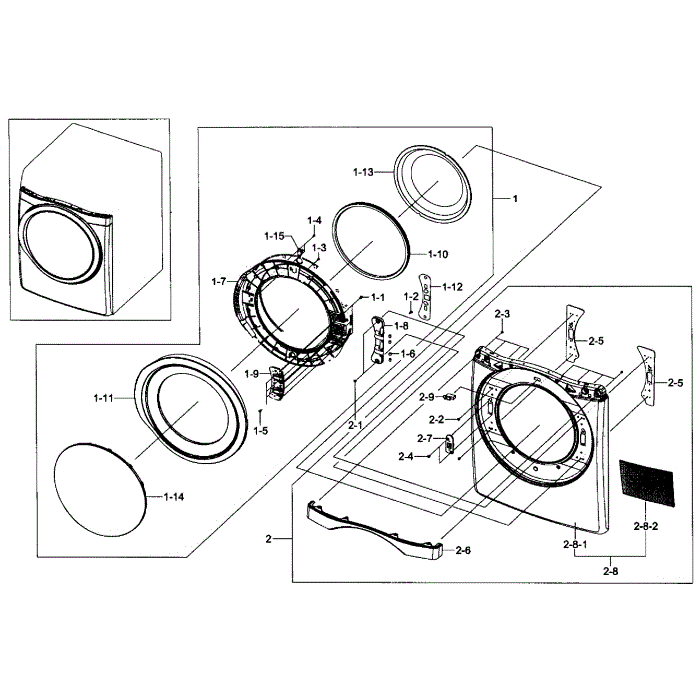 Frame Front And Door Diagram and Parts List for DV457GVGSGR AA-02 Samsung Dryer